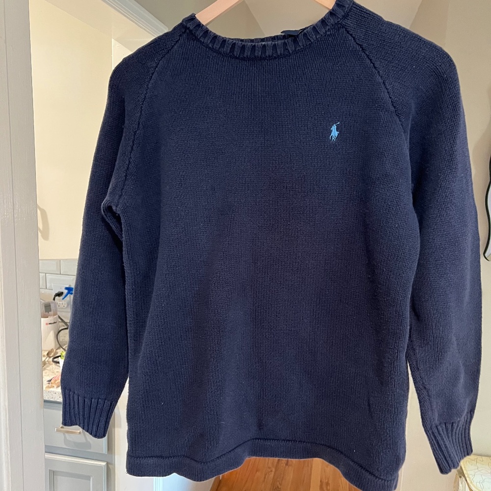 Navy Blue Kids' Cotton Knit Polo Sweater, Size L